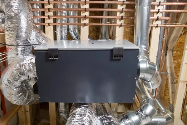 Exemple d’échangeur d’air raccordé à plusieurs conduits dans un local technique