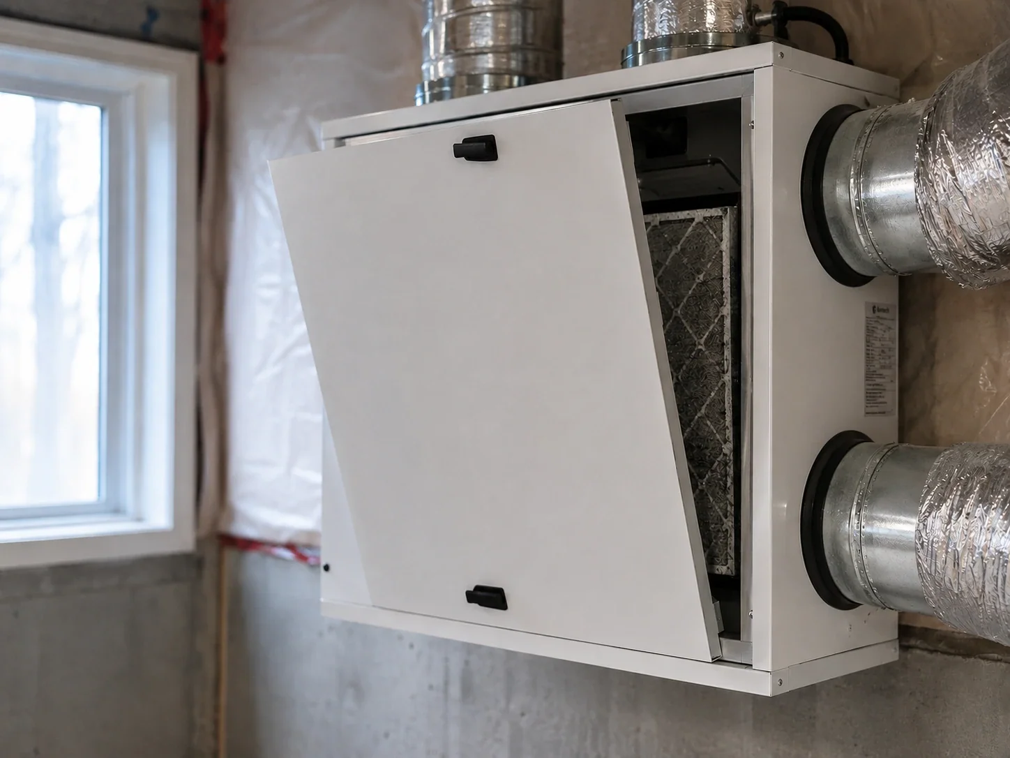 Échangeur d’air avec panneau entrouvert et conduits raccordés