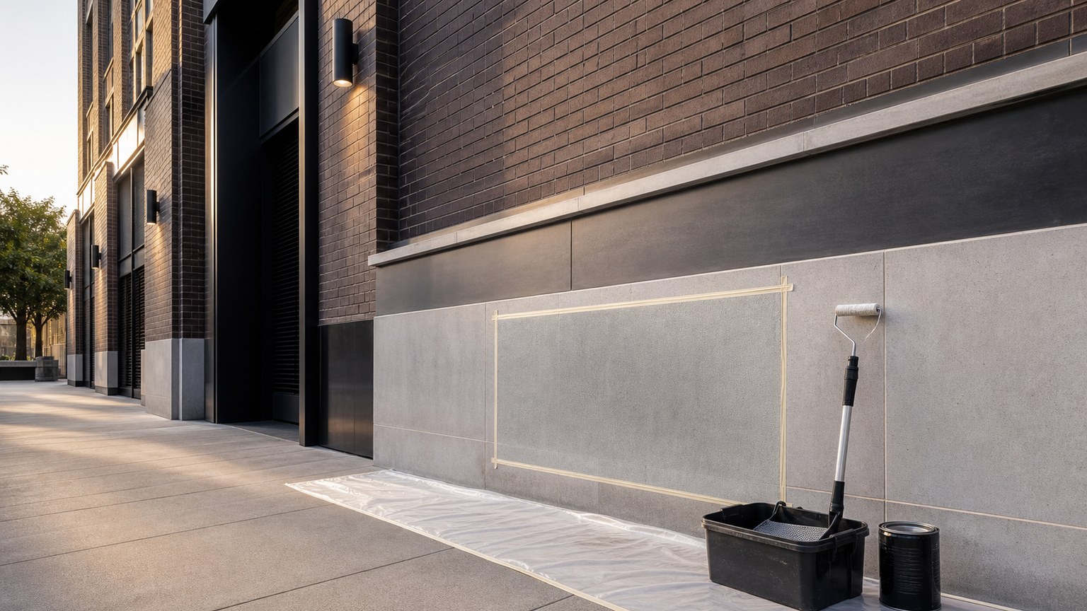 Illustration conceptuelle d'une application de protection anti-graffiti sur une façade commerciale anonyme