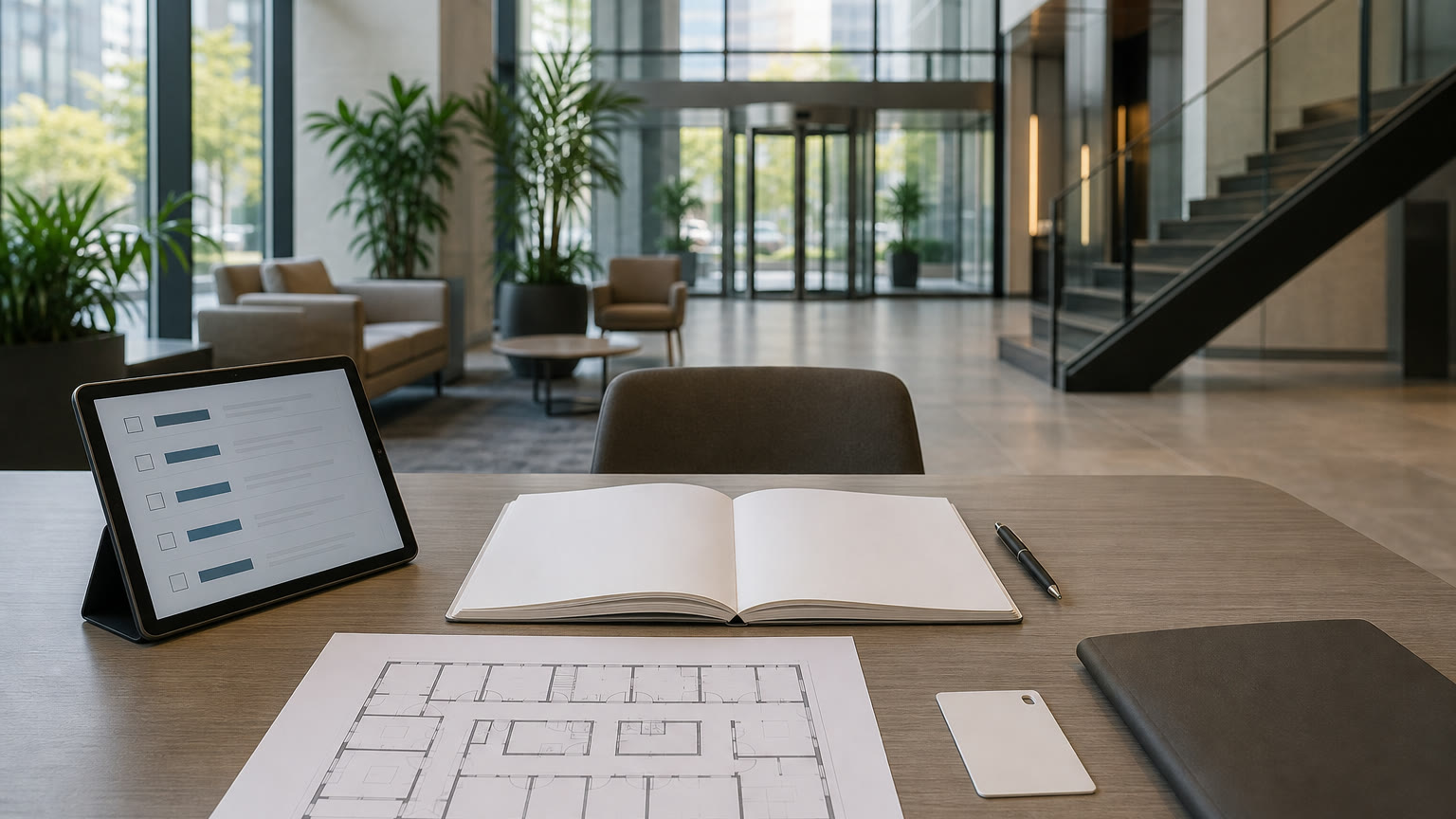 Documents de portée et grille d’évaluation sur une table dans un hall commercial