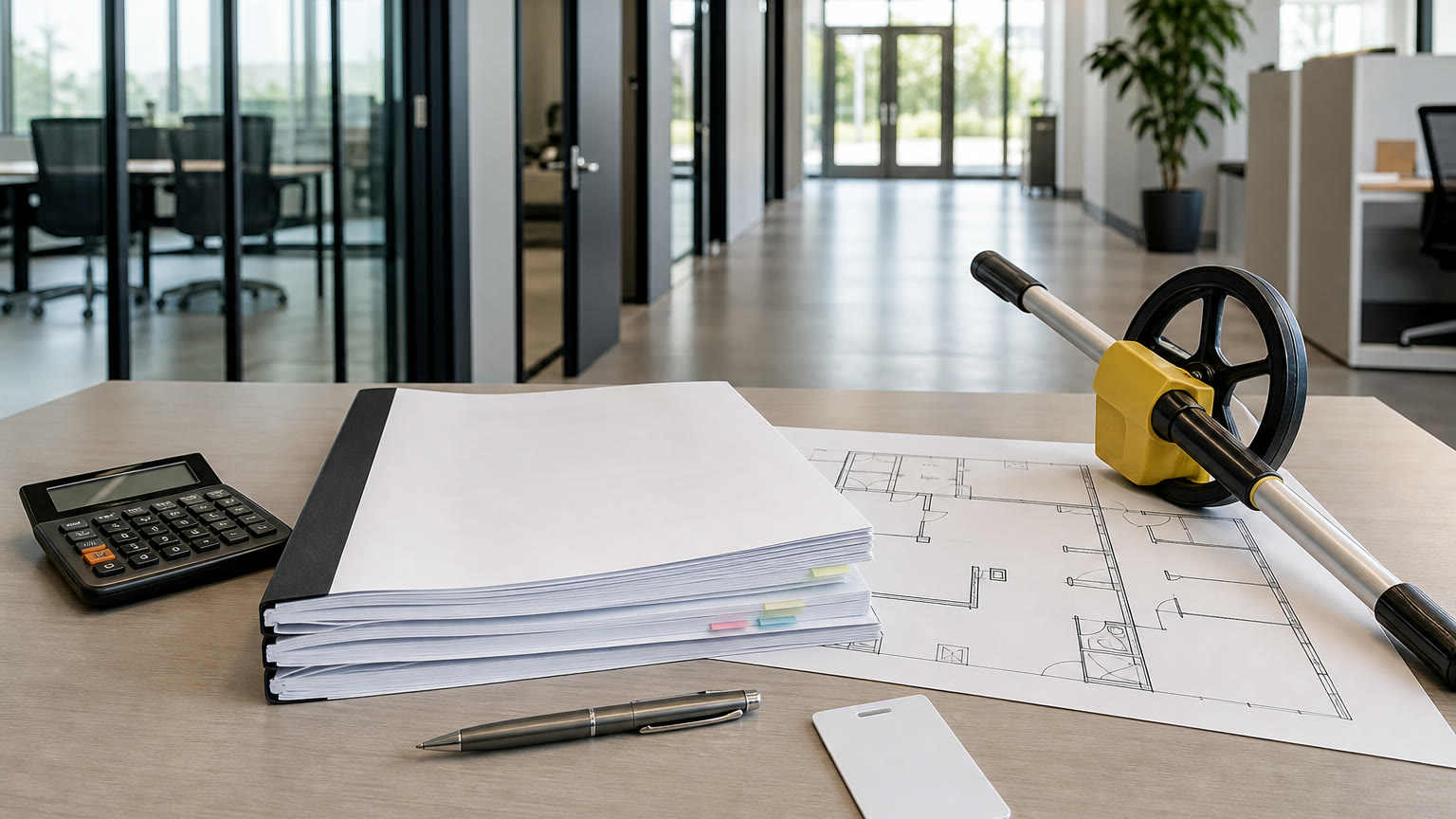 Proposition, plan, calculatrice et roue de mesure sur une table dans des bureaux à Laval
