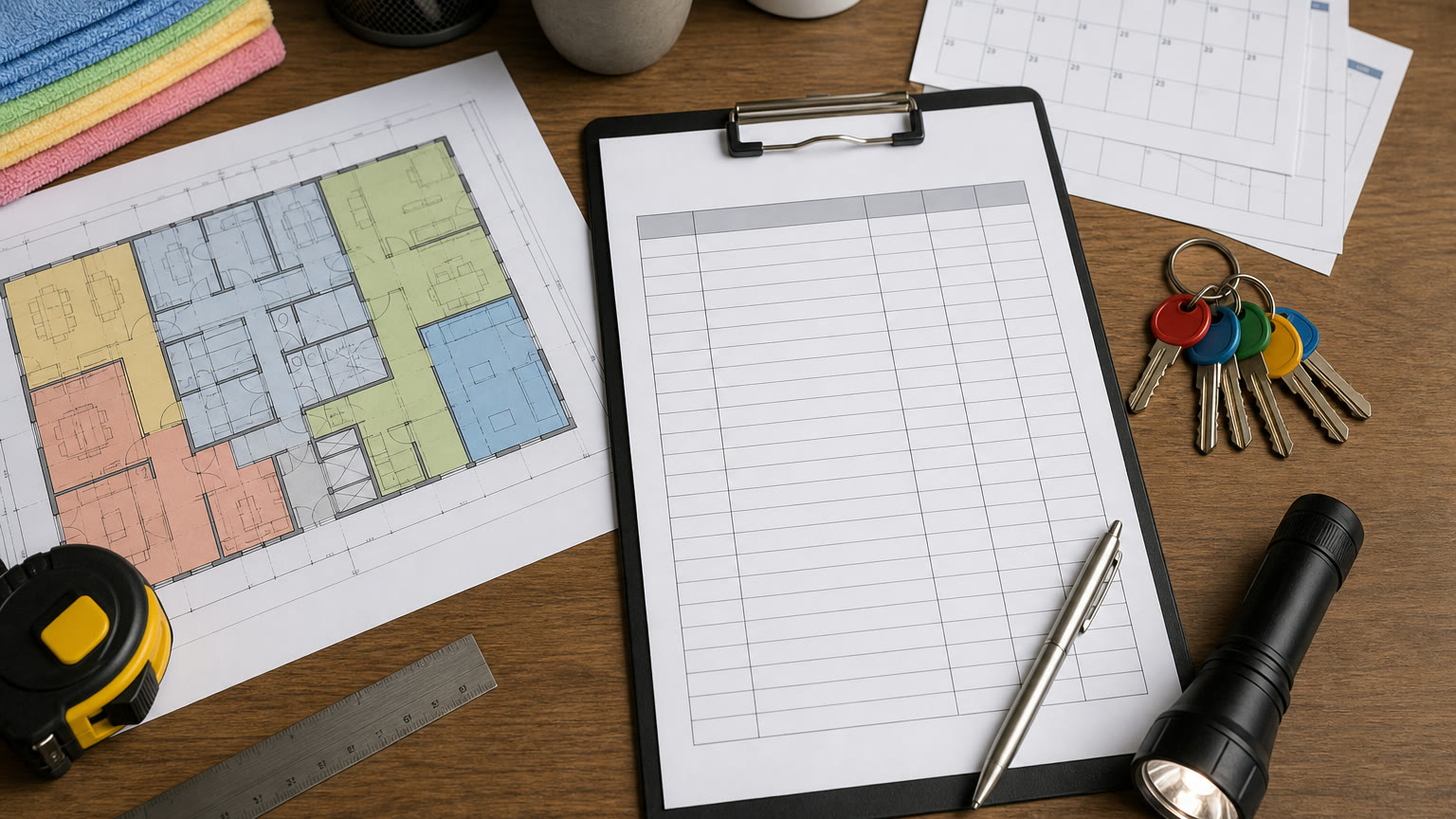 Liste de contrôle, plan par zones, calendrier, clés et lampe d’inspection sur une table