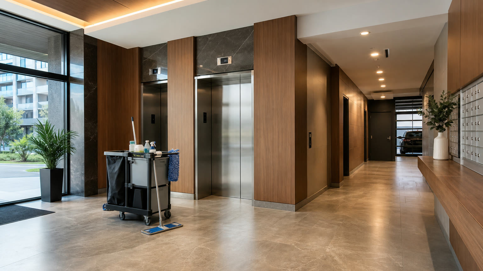 Hall d’une tour à condos avec ascenseurs, boîtes postales et chariot d’entretien