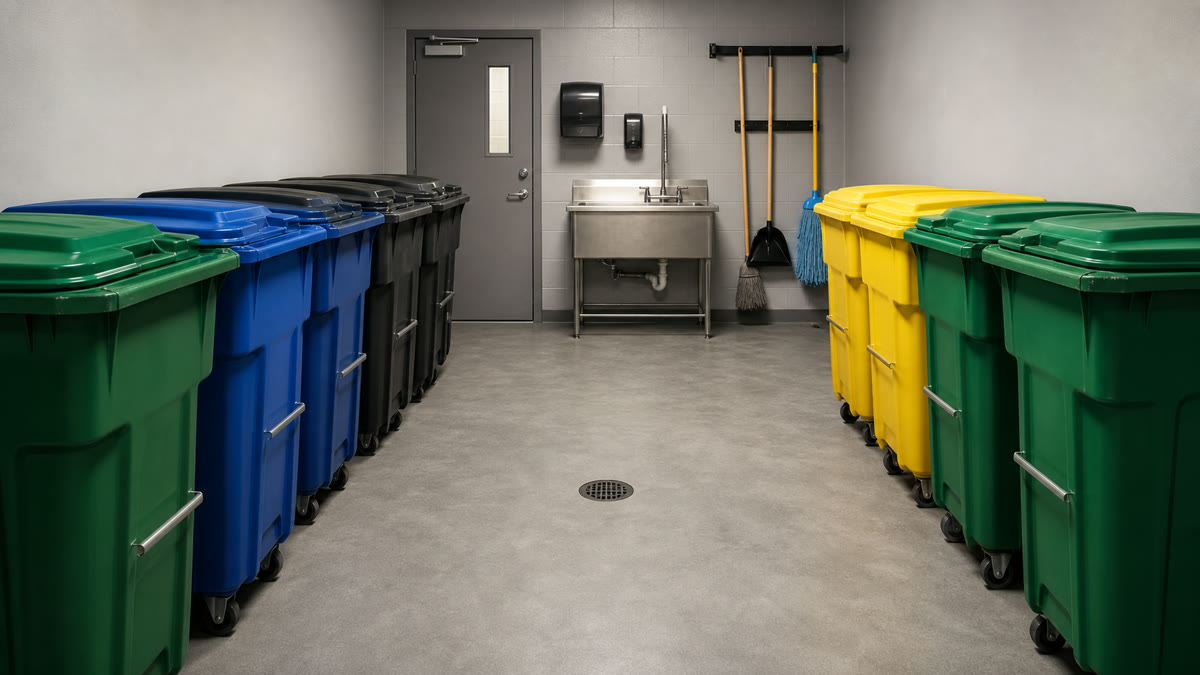 Salle de déchets et de recyclage organisée avec contenants fermés et drain de plancher