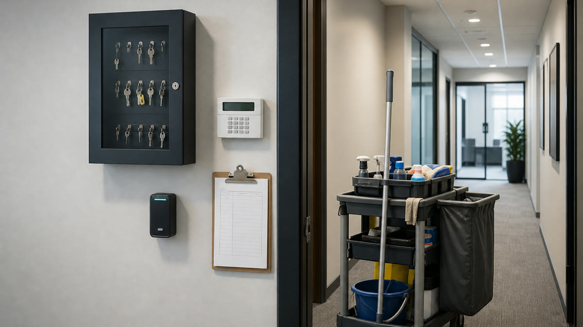 Keys, access reader, alarm panel and cleaning cart in an office corridor
