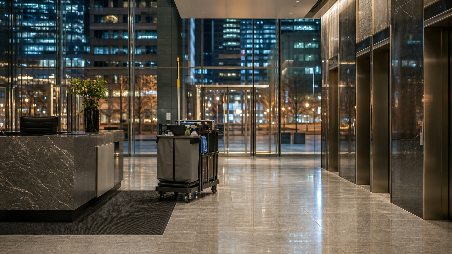 Hall de bureaux au centre-ville le soir avec chariot d’entretien près des ascenseurs