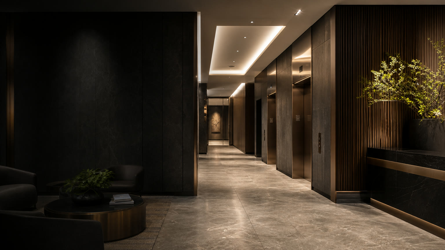 Conceptual managed-building lobby representing coordinated cleaning and concierge support