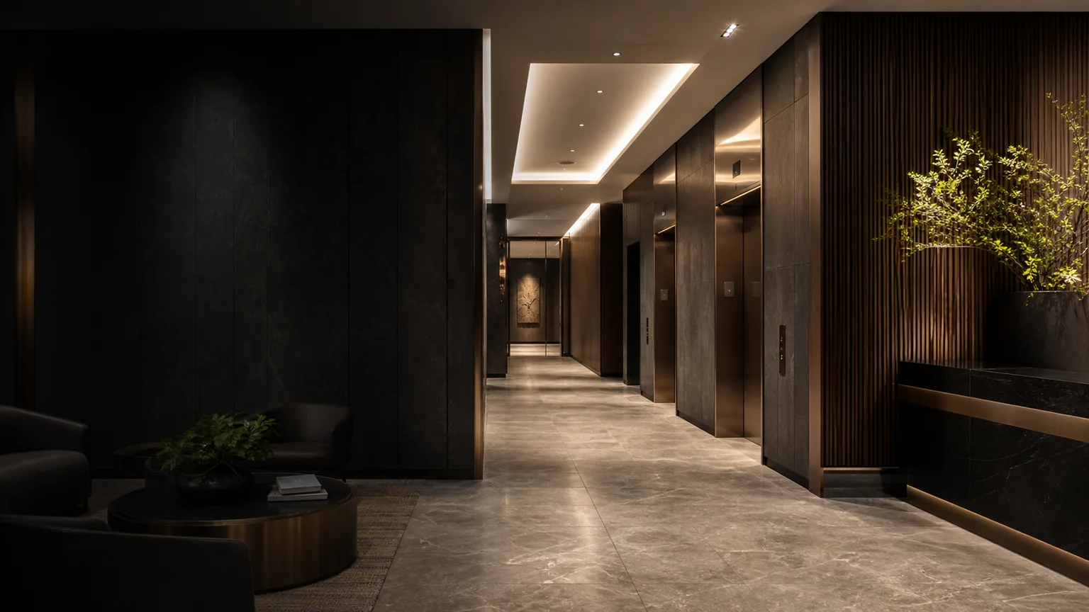 Building lobby with stone and wood finishes