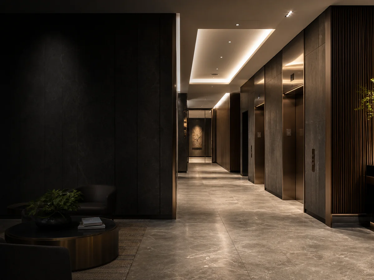 Building lobby with stone and wood finishes