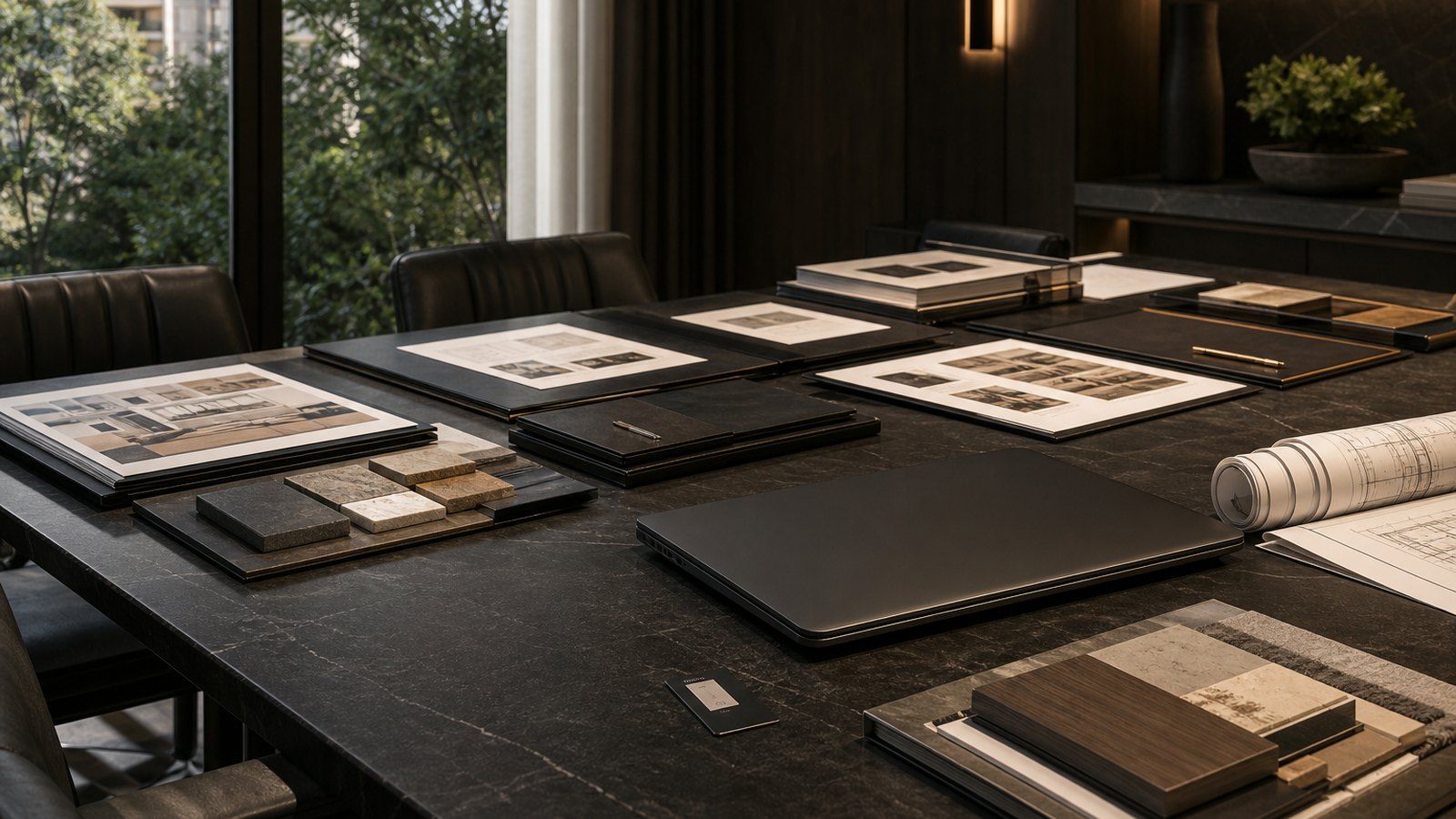 Conceptual real-estate coordination room with organized files, plans, and material samples