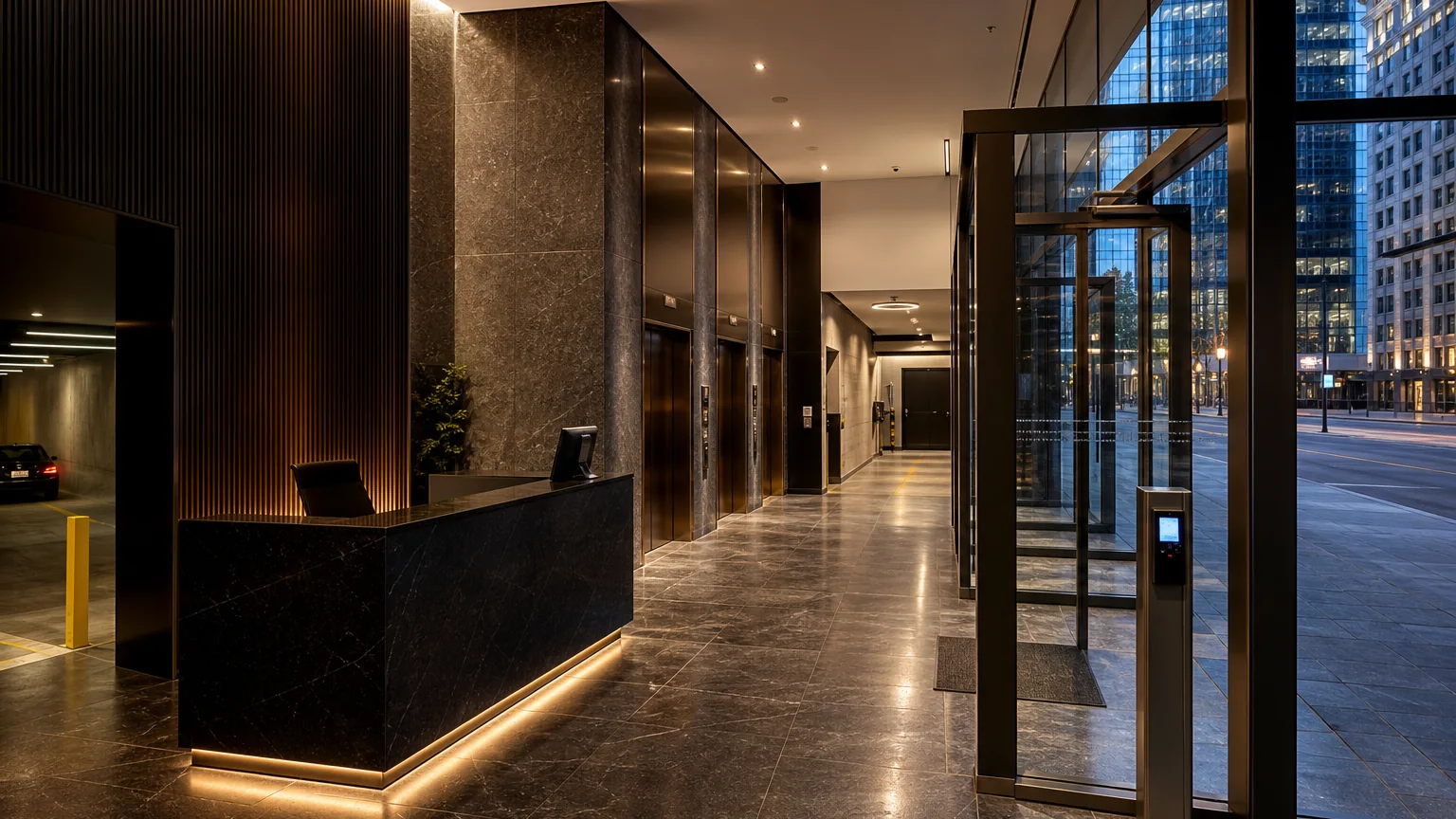 Conceptual Downtown Montreal condo tower lobby with security desk and controlled elevator access
