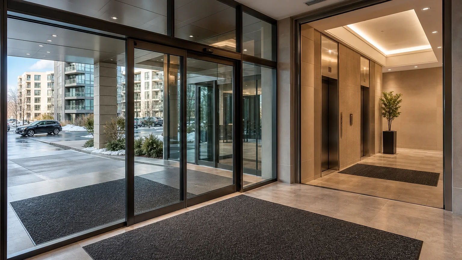 Conceptual Laval condo complex entrance with wide vestibule, winter mats, parking access, and elevators