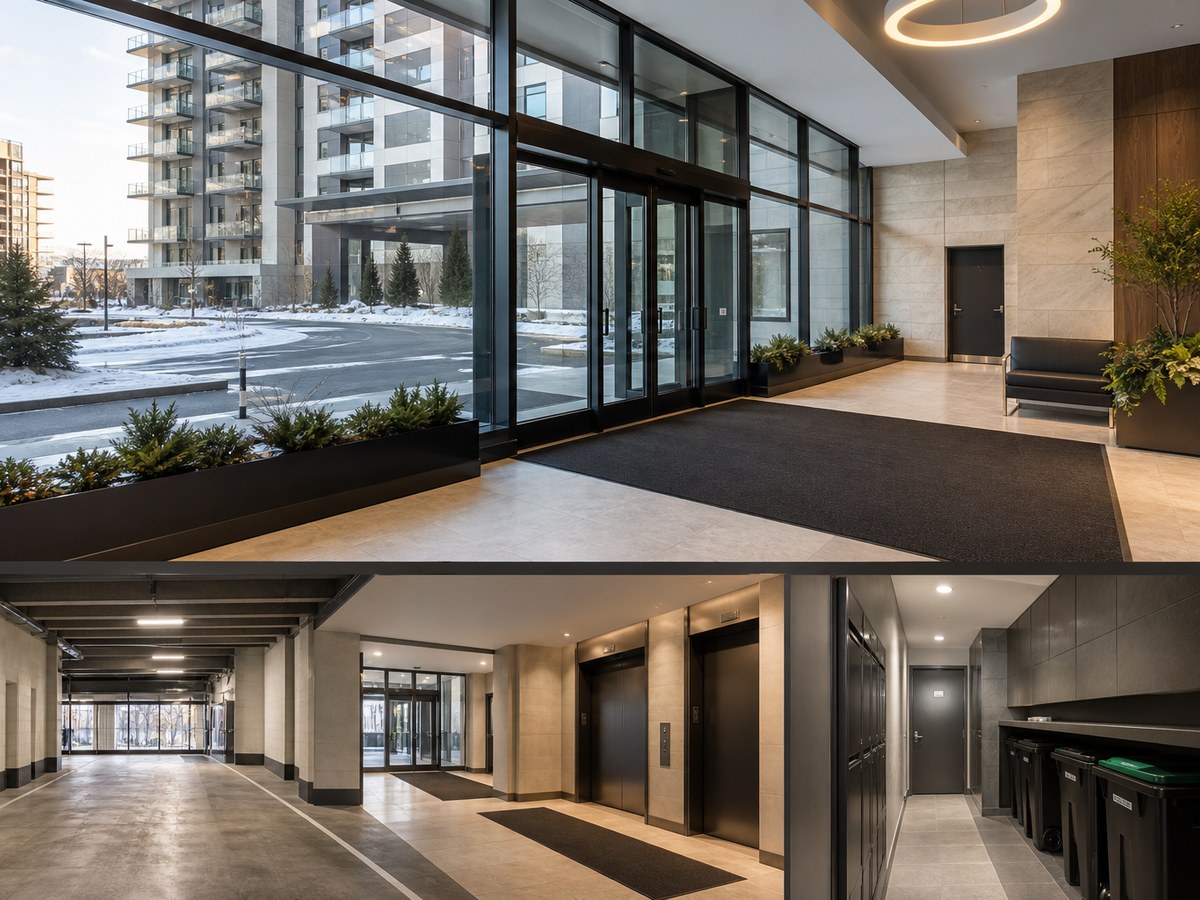 Vestibule, accès de garage, ascenseurs et salle de recyclage d'un complexe résidentiel conceptuel à Laval