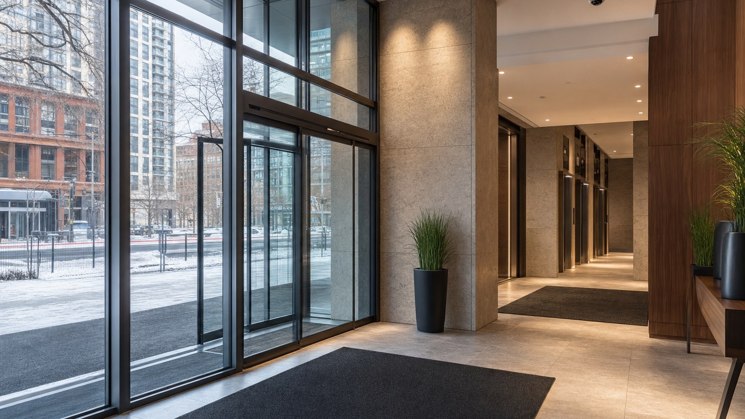 Hall conceptuel d'une tour à condos montréalaise avec tapis d'hiver et circulation vers les ascenseurs