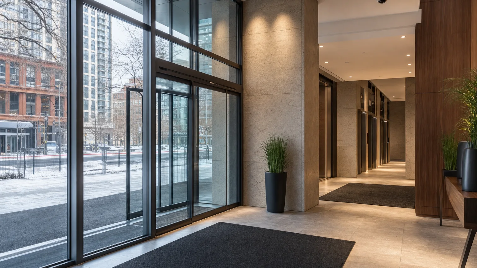 Conceptual Montreal condo tower lobby with winter entrance mats and elevator circulation