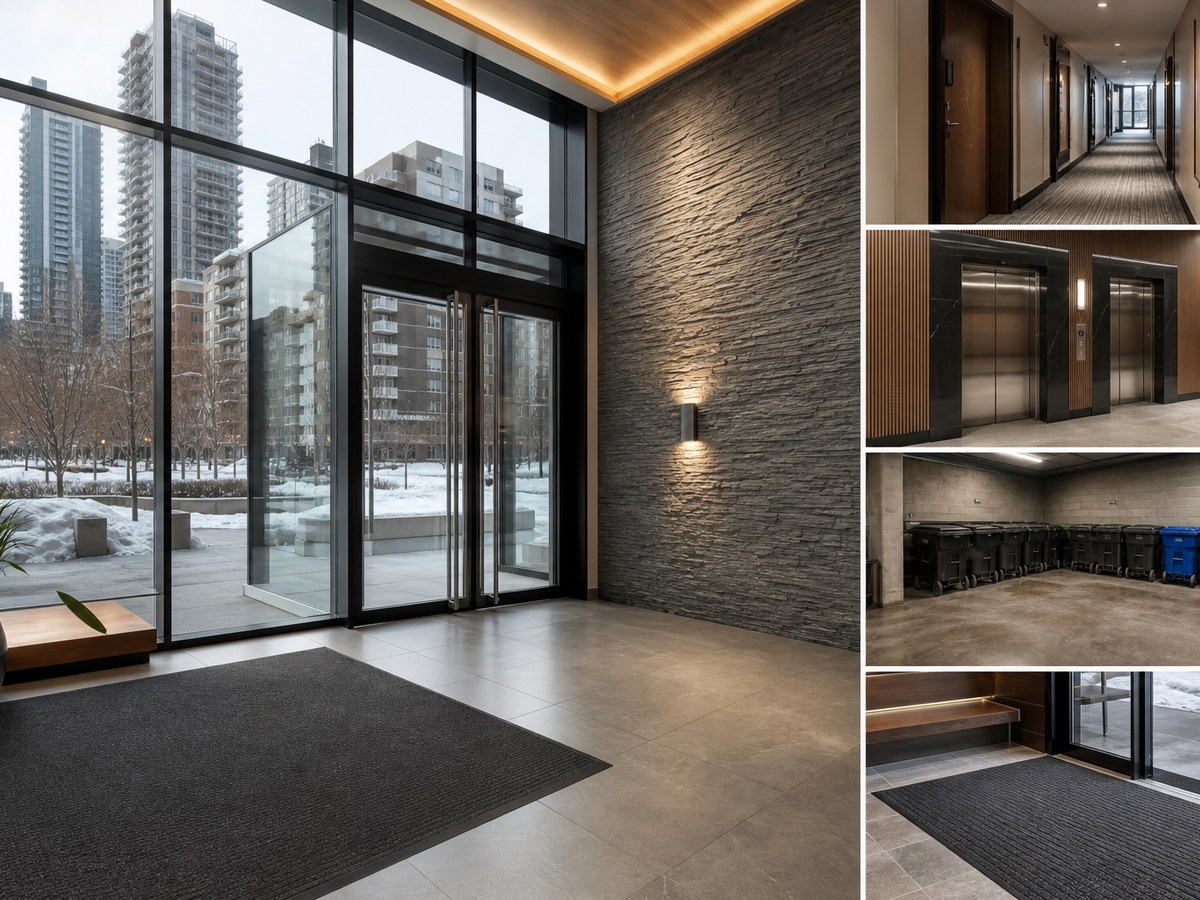 Conceptual Montreal condo tower zones including lobby, corridors, elevators, and recycling areas