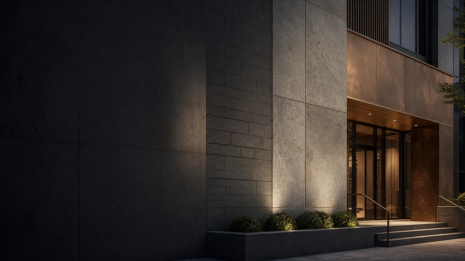 Conceptual managed-building facade with concrete, masonry, stone, and metal surfaces for graffiti removal and protection planning
