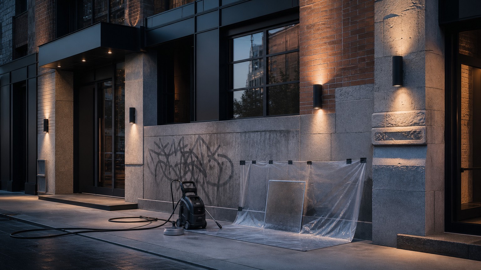 Illustration conceptuelle d'un dispositif d'enlèvement de graffiti sur une façade commerciale