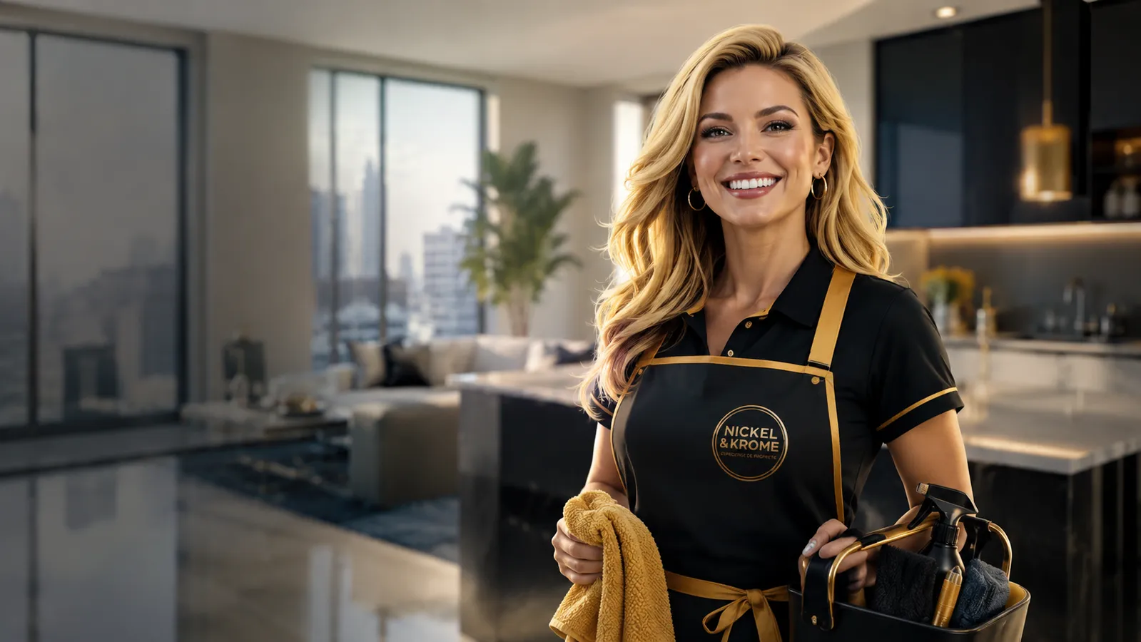 Smiling Nickel & Krome maid in a luxury downtown Montreal condo