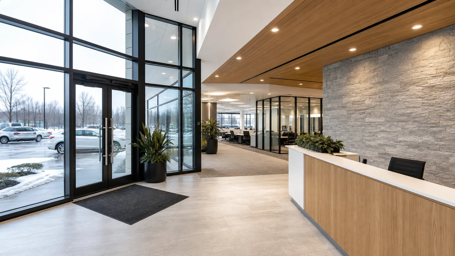 Conceptual Laval professional office with parking entrance, reception, and managed work areas