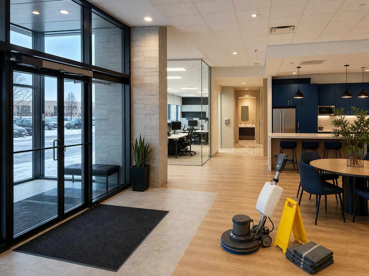 Conceptual Laval office with parking entrance, reception, workplaces, and winter maintenance zones