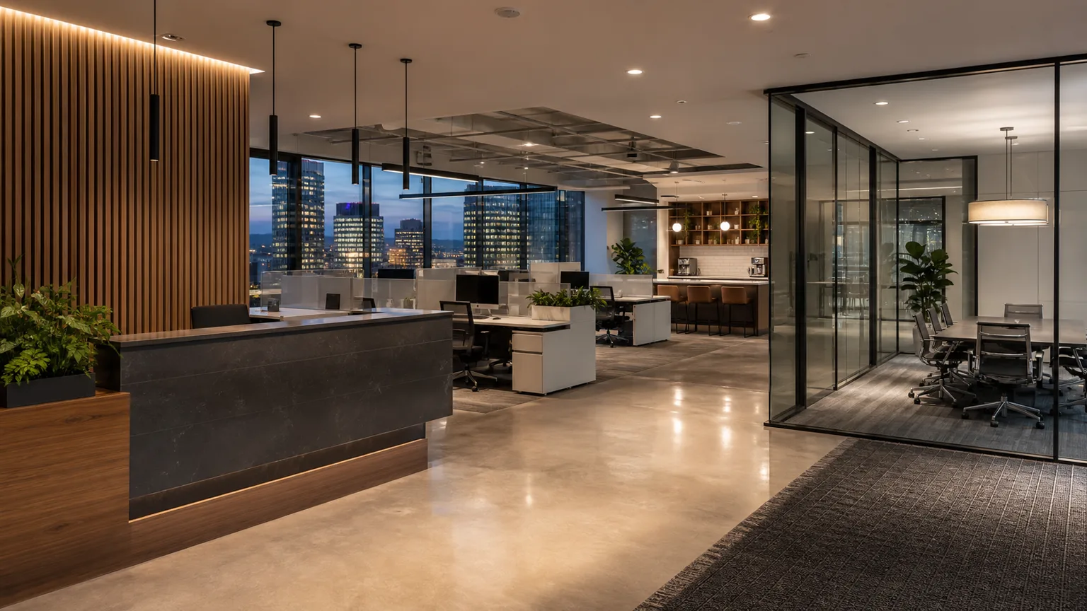 Conceptual Montreal office with reception, workstations, meeting room, and professional floor-care zones