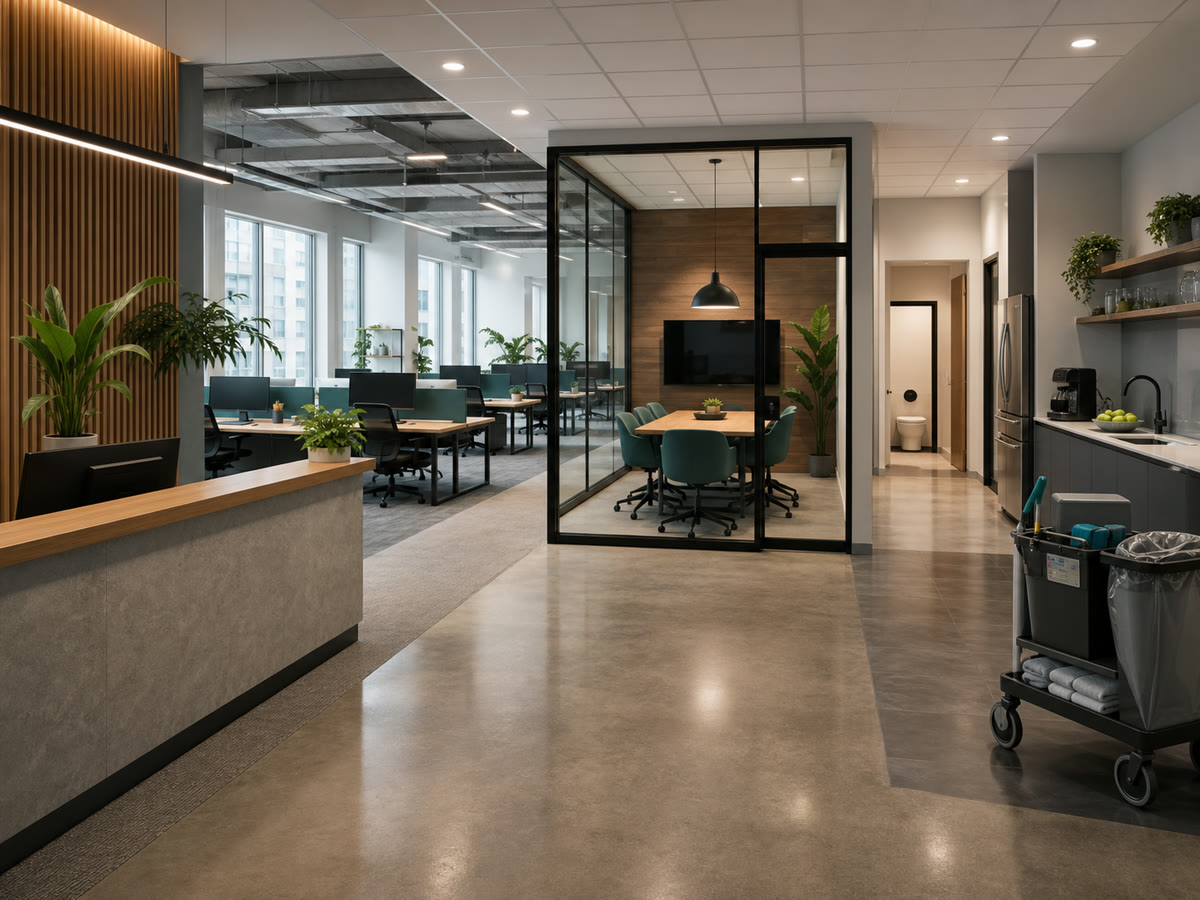 Bureau montréalais conceptuel avec réception, postes, salle de réunion, cuisine et zones d'entretien