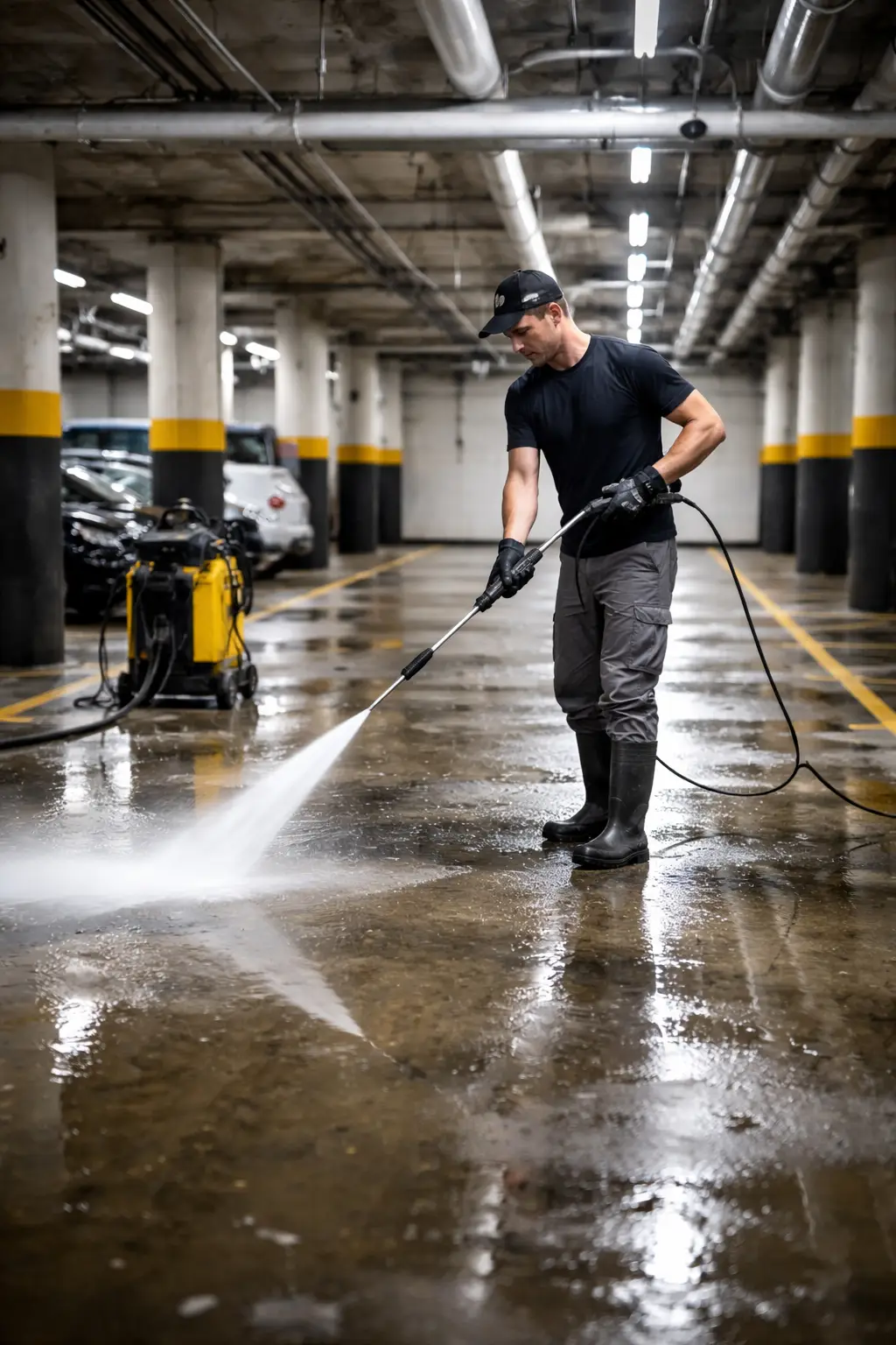 Pressure washing of underground parking lot