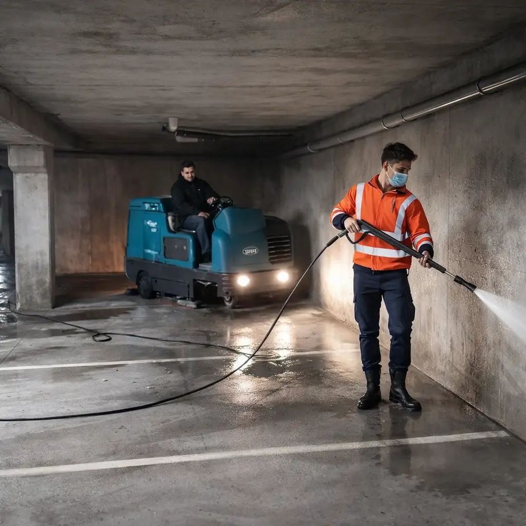 Washing walls and columns in underground parking