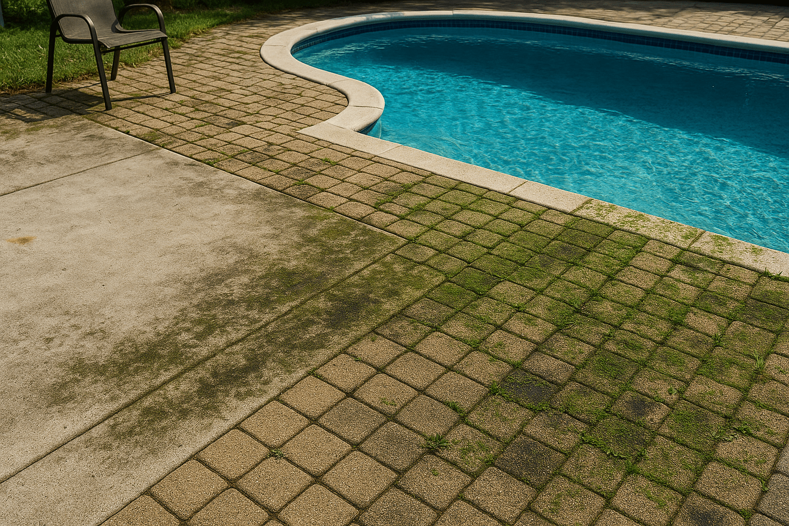 Plage de piscine à bordure courbe avant nettoyage de pavé uni
