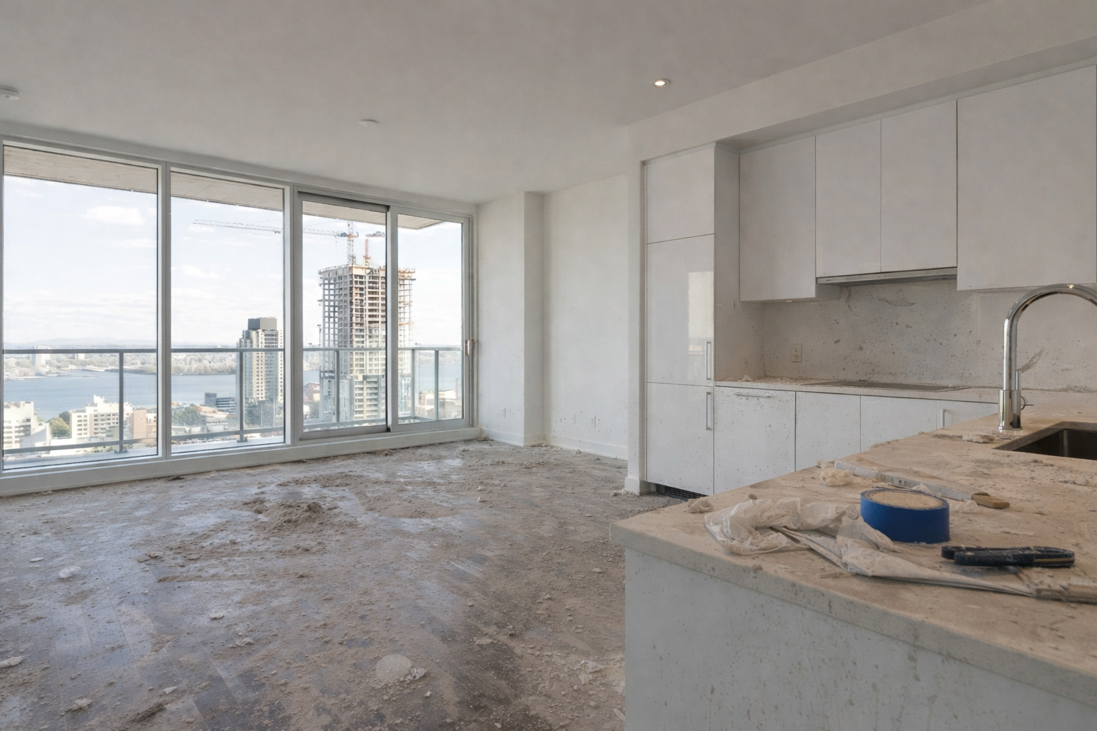 Salon et cuisine de condo avant retouche pré-livraison avec poussière de gypse, débris au sol et îlot souillé