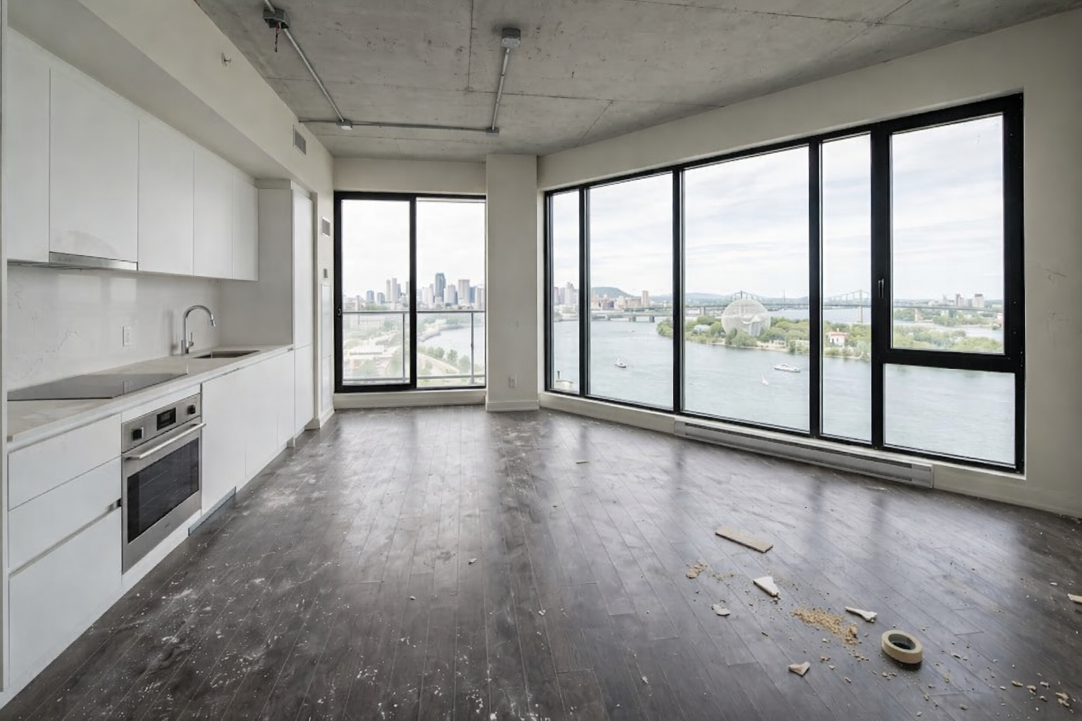 Coin cuisine de condo avant retouche pré-livraison avec éclats, poussières et résidus sur le plancher