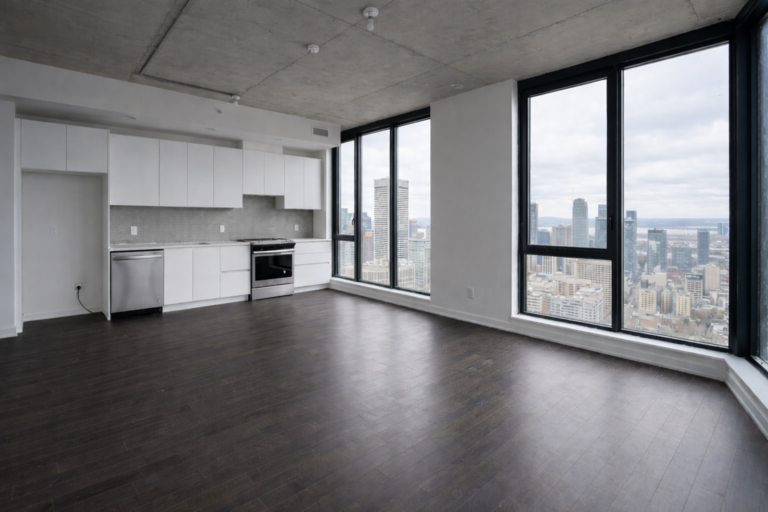 Cuisine ouverte de condo après nettoyage pré-livraison avec poussières fines retirées du plancher foncé