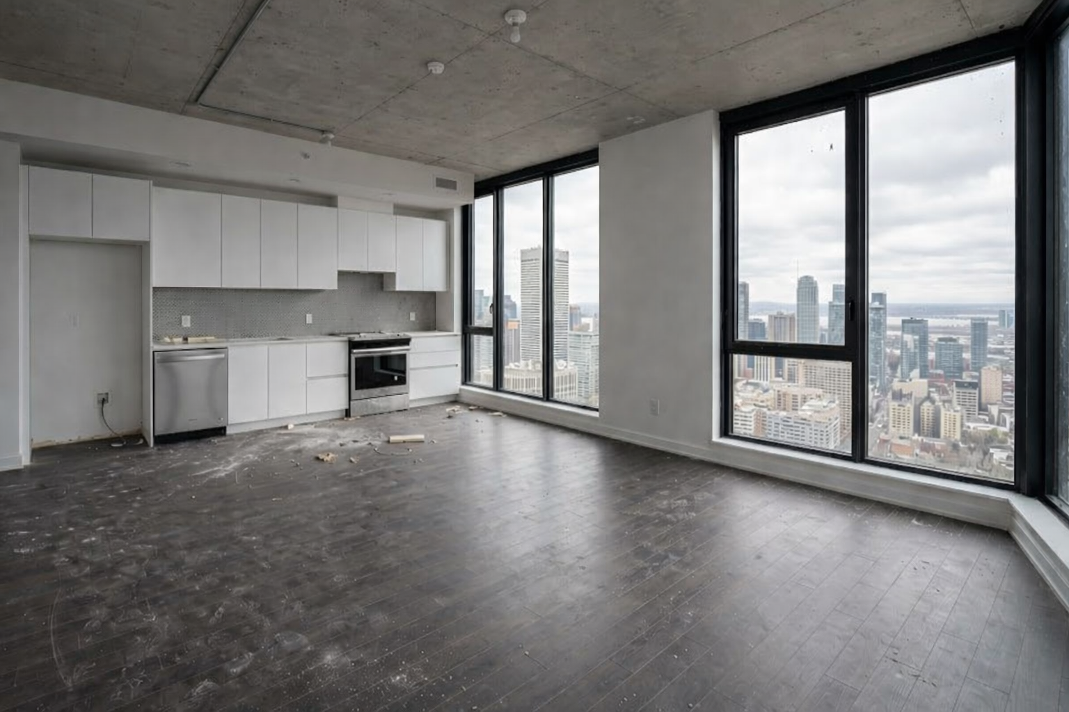 Cuisine ouverte de condo avant nettoyage pré-livraison avec poussières fines visibles au sol