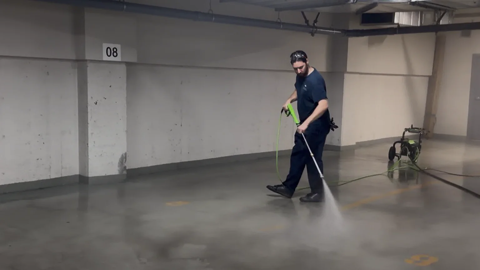 Pressure washing of the concrete floor during a documented underground garage cleaning project in Montreal